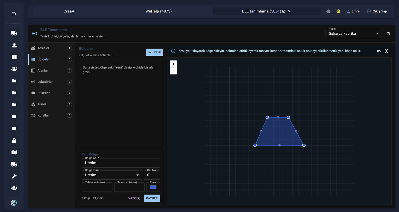 The BLE Setup screen: drawing zones on the site sketch, site and floor definitions, the locator and tag inventory, and alarm rules.
